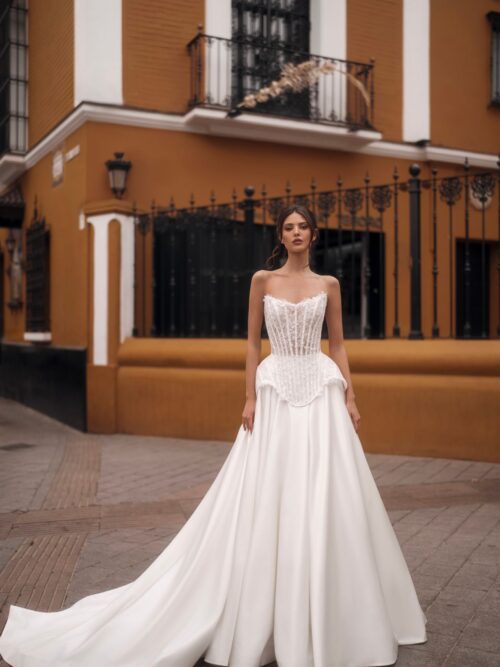 wedding dress Shema with convertable skirts and lace bolero from rara avis designer, nz 5