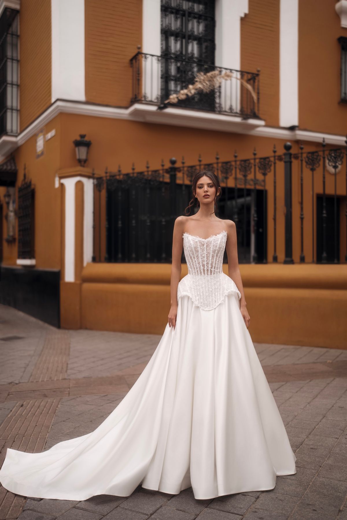 wedding dress Shema with convertable skirts and lace bolero from rara avis designer, nz 5
