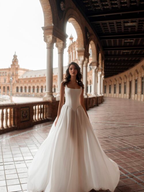 wedding dress Tirol with square neckline and basque waist from dell'amore bridal, nz 3