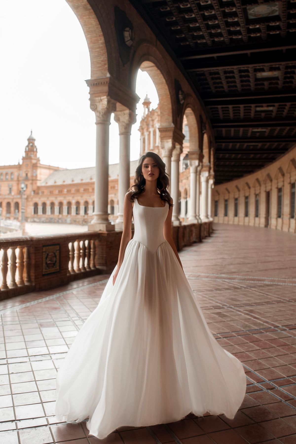 wedding dress Tirol with square neckline and basque waist from dell'amore bridal, nz 3