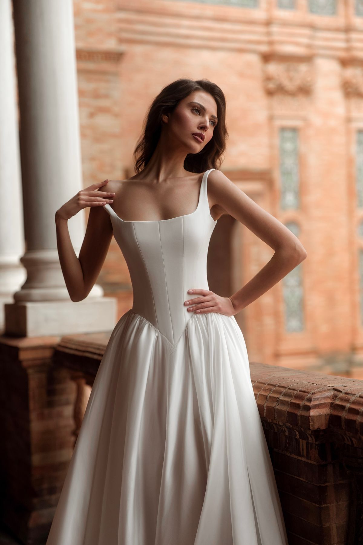 wedding dress Tirol with square neckline and basque waist from dell'amore bridal, nz 2