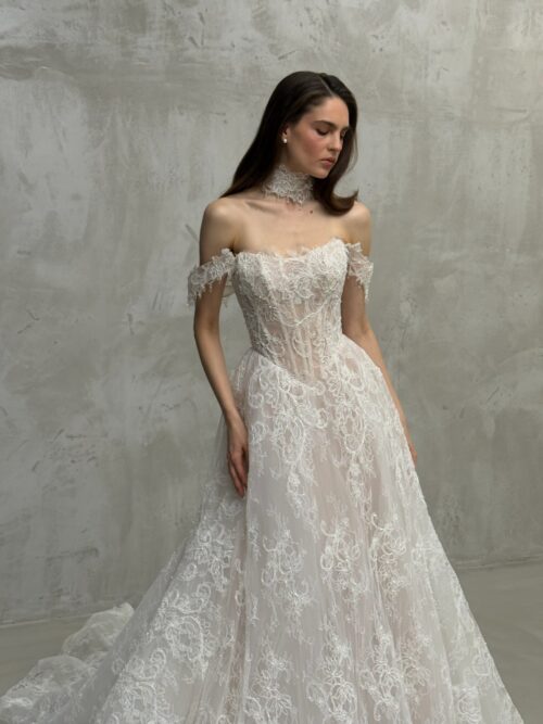 lace wedding dress Arkel with basque waist, off-shoulder sleeves by rara avis, nz 4