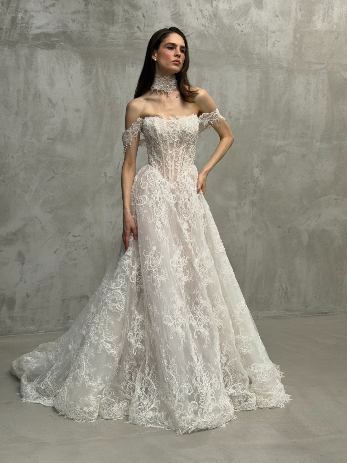 lace wedding dress Arkel with basque waist, off-shoulder sleeves by rara avis, nz 5