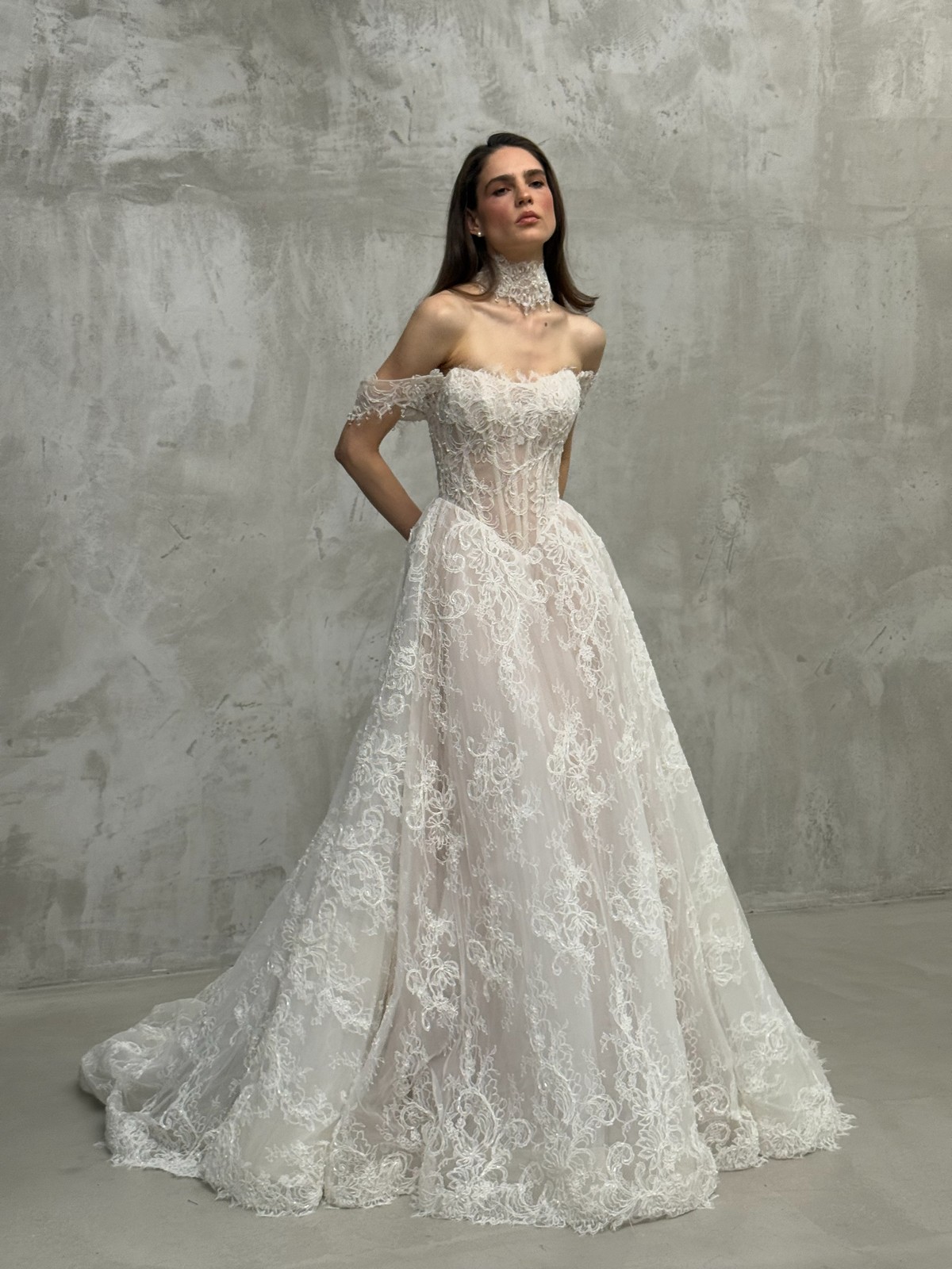 lace wedding dress Arkel with basque waist, off-shoulder sleeves by rara avis, nz 6