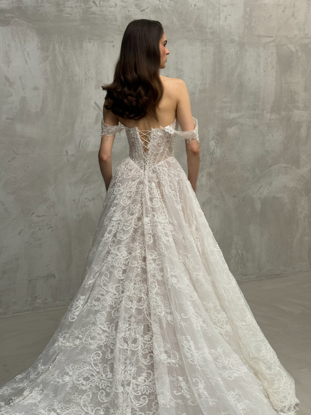 lace wedding dress Arkel with basque waist, off-shoulder sleeves by rara avis, nz 3