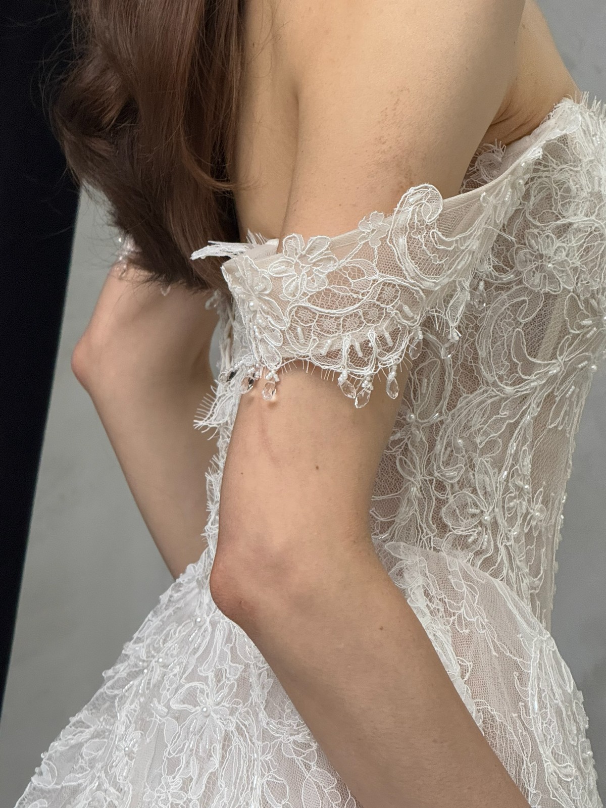 lace wedding dress Arkel with basque waist, off-shoulder sleeves by rara avis, nz 2