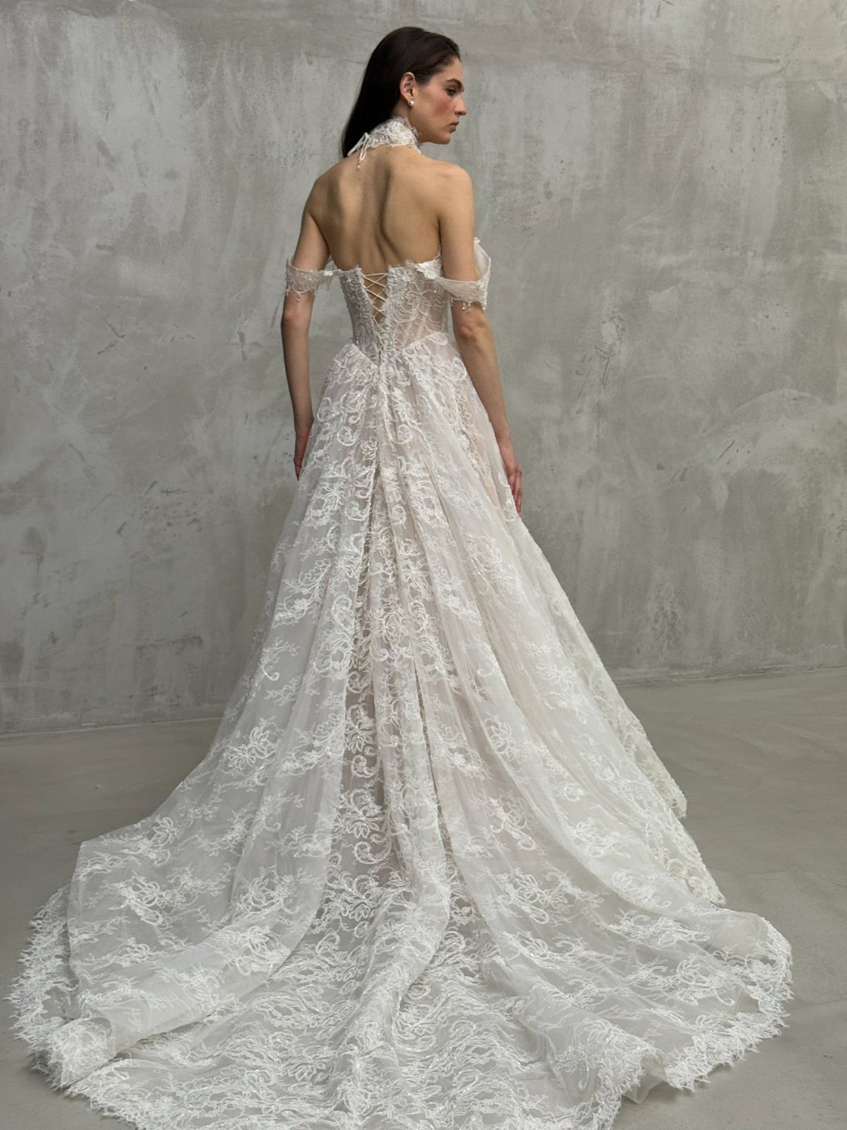 lace wedding dress Arkel with basque waist, off-shoulder sleeves by rara avis, nz 1