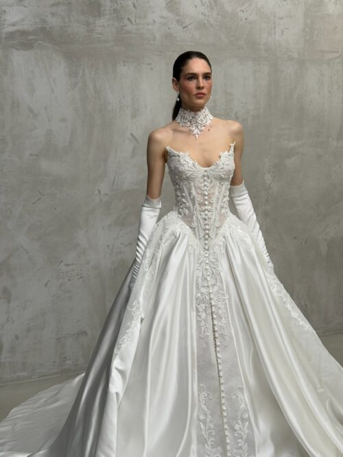 casa mila wedding dress with lace and satin by rara avis, nz 4