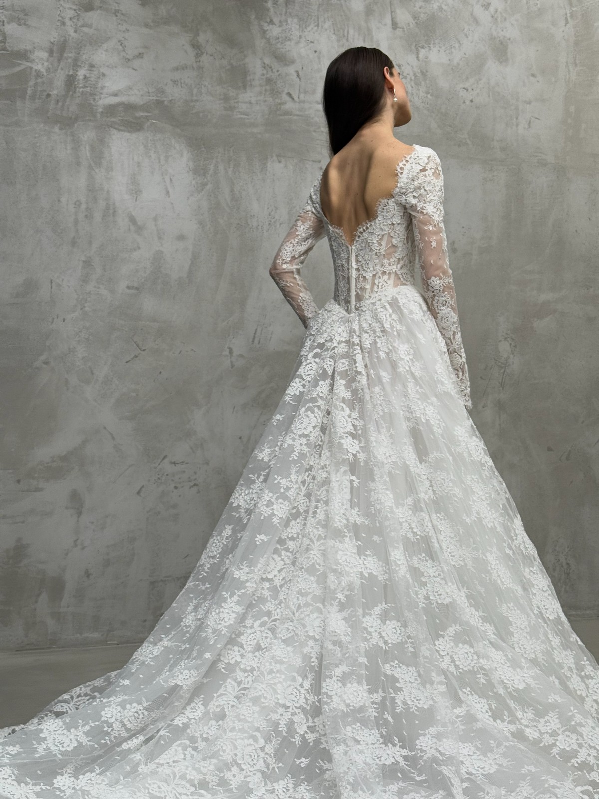 lace wedding dress Liberty by rara avis with basque waist and long sleeves at dell'amore bridal, nz 3