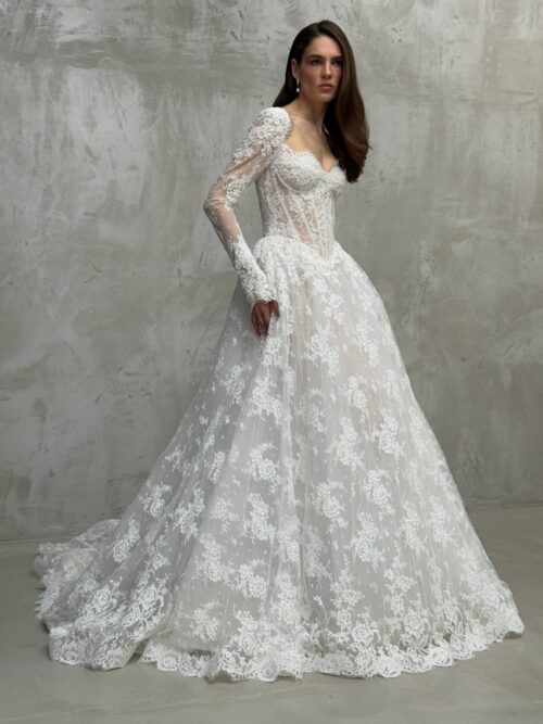 lace wedding dress Liberty by rara avis with basque waist and long sleeves at dell'amore bridal, nz 5