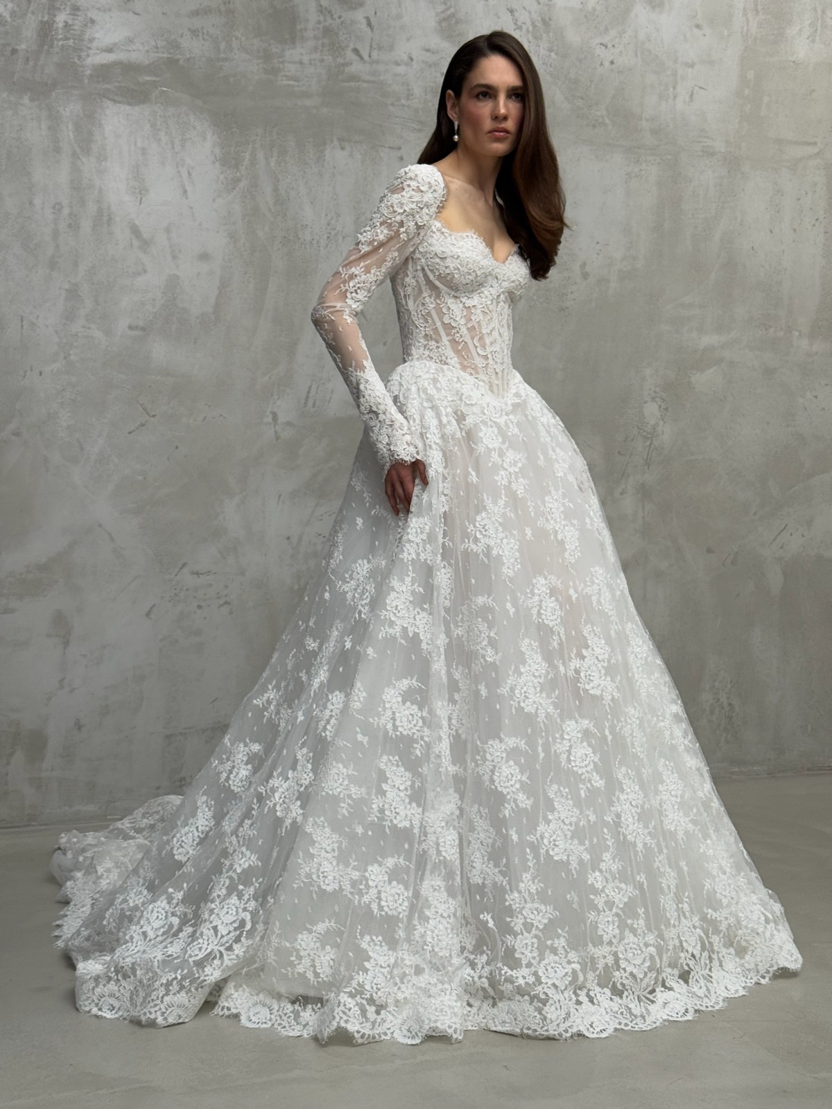 lace wedding dress Liberty by rara avis with basque waist and long sleeves at dell'amore bridal, nz 5