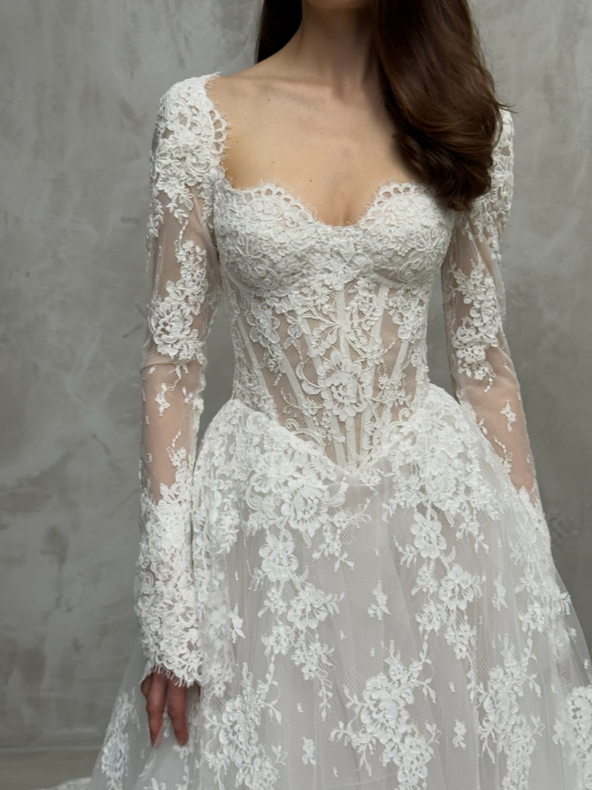 lace wedding dress Liberty by rara avis with basque waist and long sleeves at dell'amore bridal, nz 6
