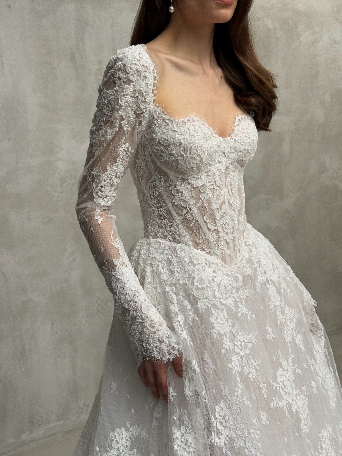 lace wedding dress Liberty by rara avis with basque waist and long sleeves at dell'amore bridal, nz7