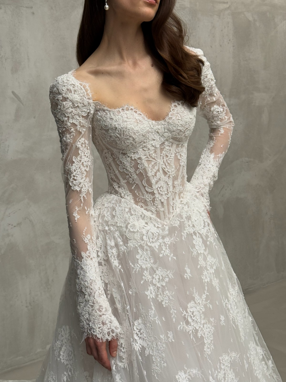 lace wedding dress Liberty by rara avis with basque waist and long sleeves at dell'amore bridal, nz