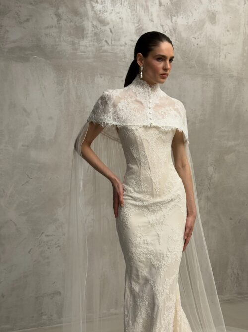 satin and lace wedding dress Klimt with cape from rara avis at dell'amore bridal, nz 7