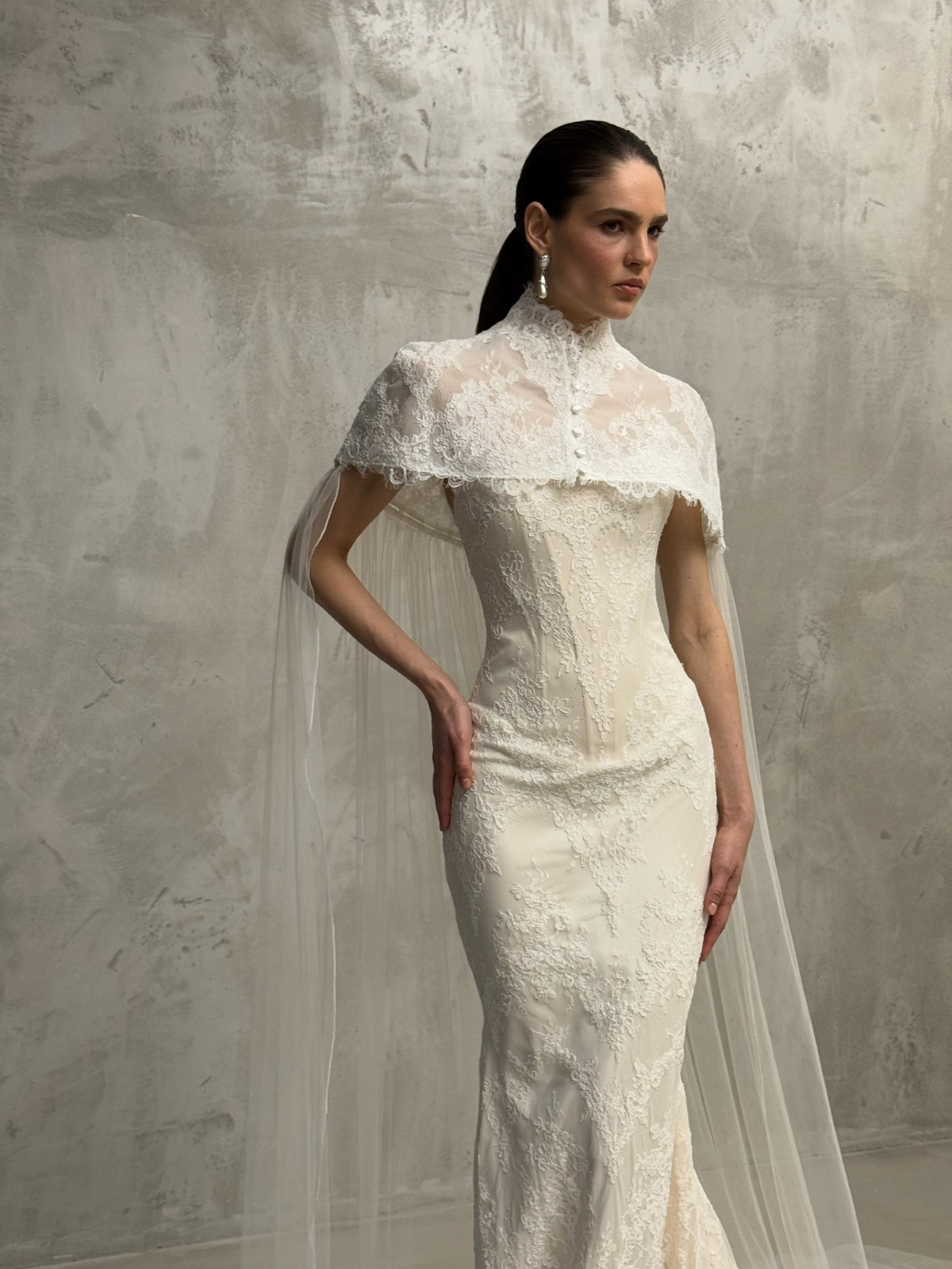 satin and lace wedding dress Klimt with cape from rara avis at dell'amore bridal, nz 7