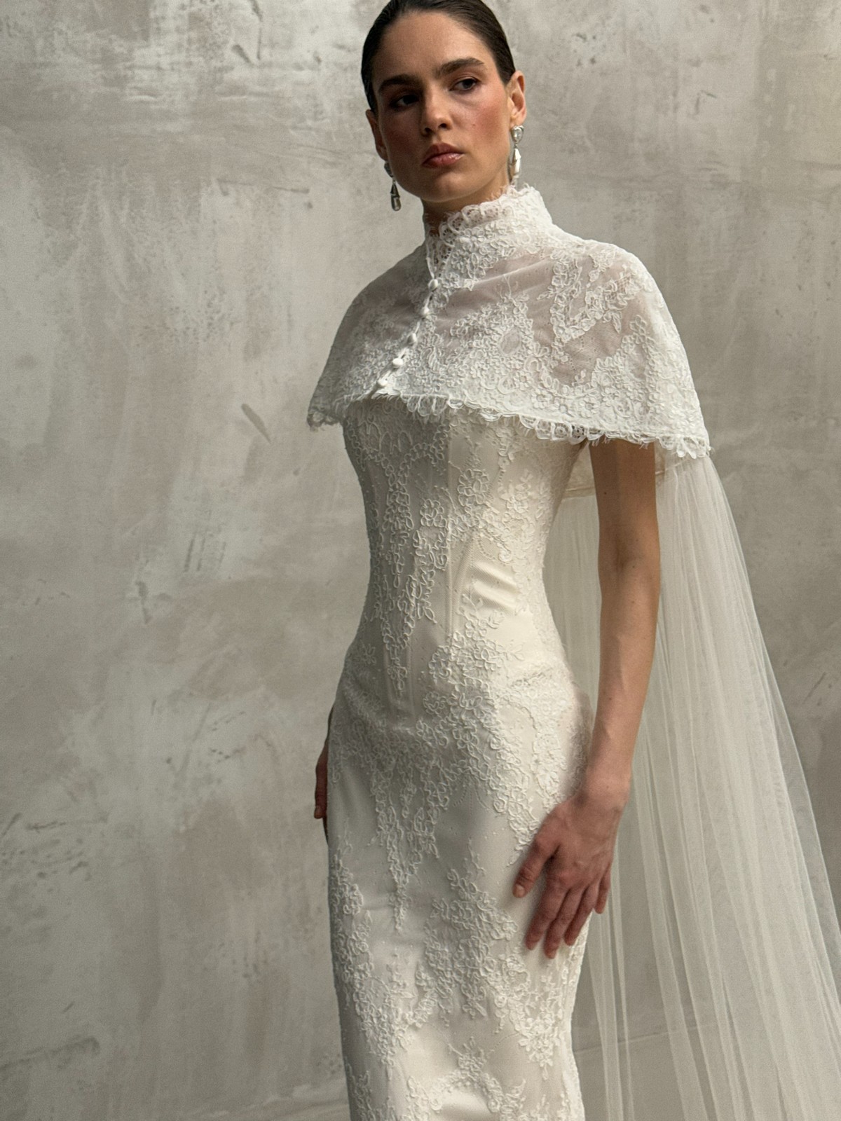 satin and lace wedding dress Klimt with cape from rara avis at dell'amore bridal, nz