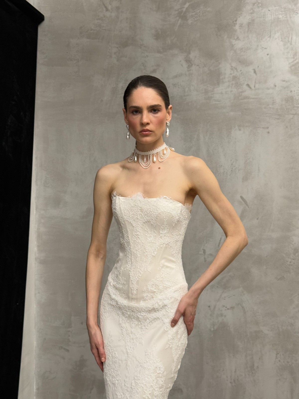 satin and lace wedding dress Klimt with cape from rara avis at dell'amore bridal, nz 2