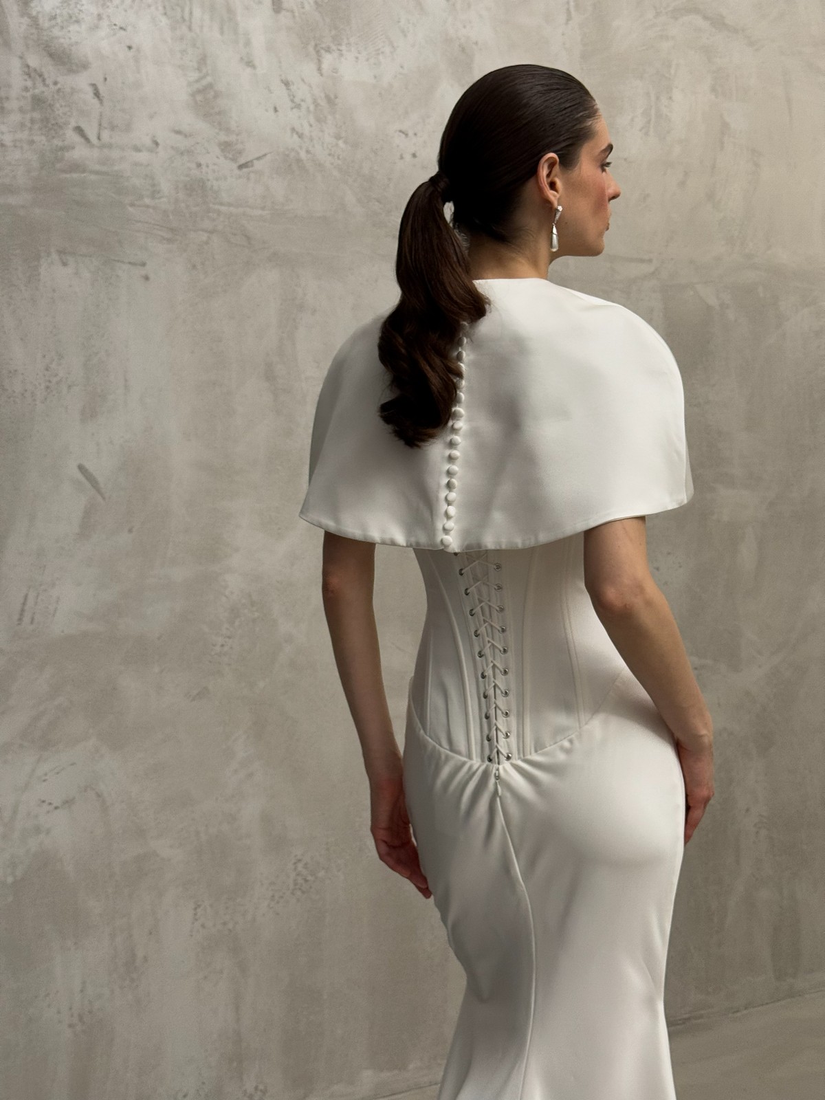 satin and lace wedding dress Klimt with cape from rara avis at dell'amore bridal, nz 5