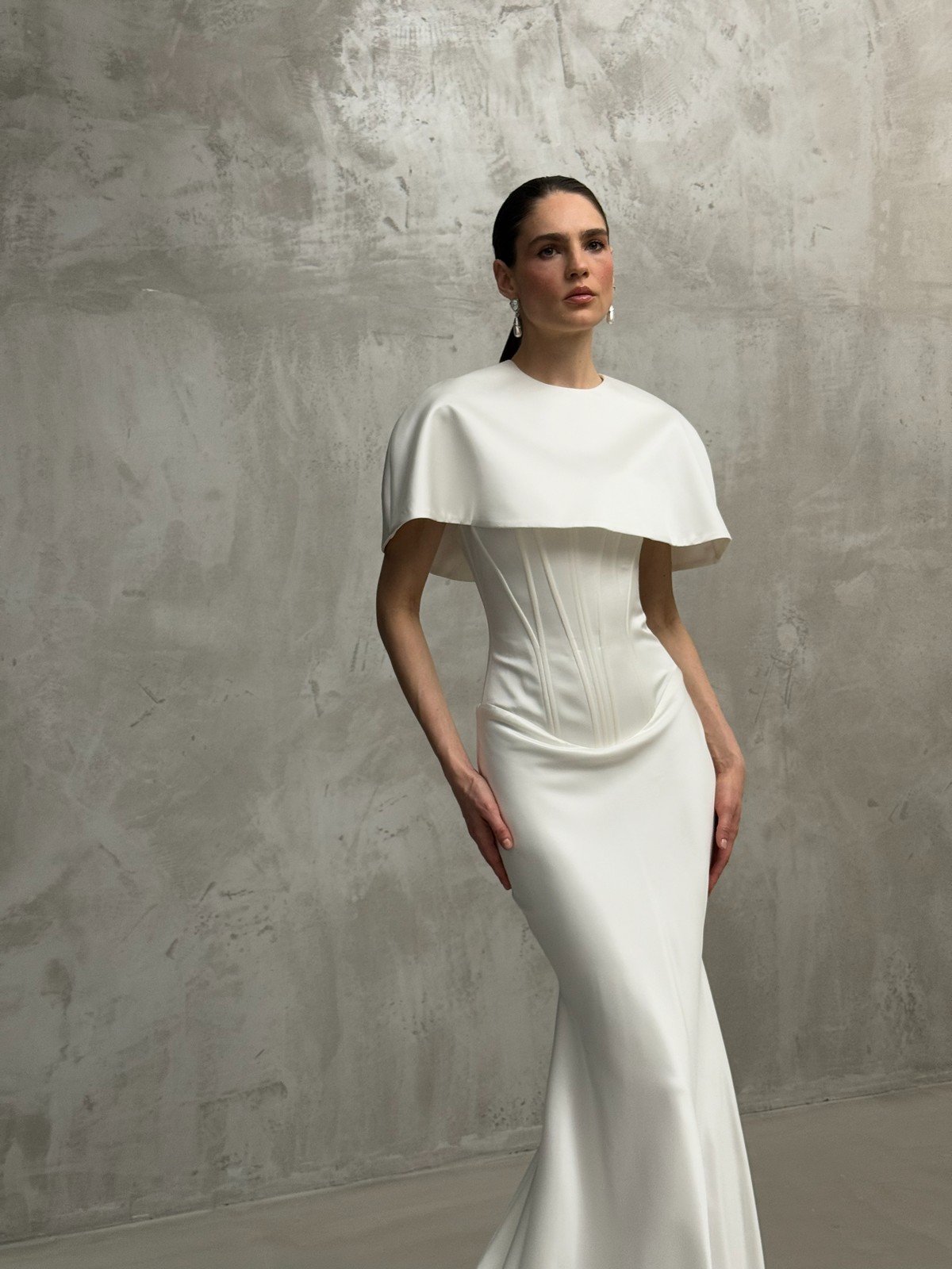 satin and lace wedding dress Klimt with cape from rara avis at dell'amore bridal, nz 6