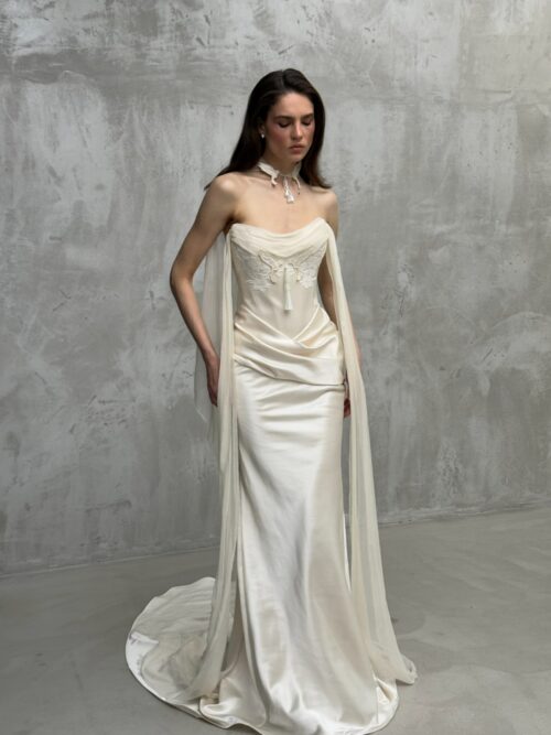 satin wedding dress Kunst with cape sleeves by rara avis, nz 6