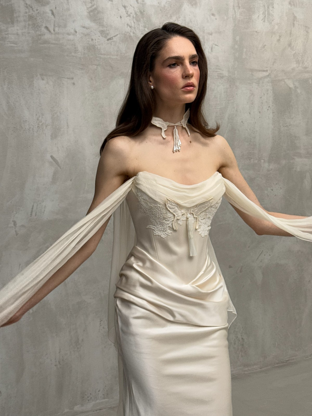 satin wedding dress Kunst with cape sleeves by rara avis, nz 7