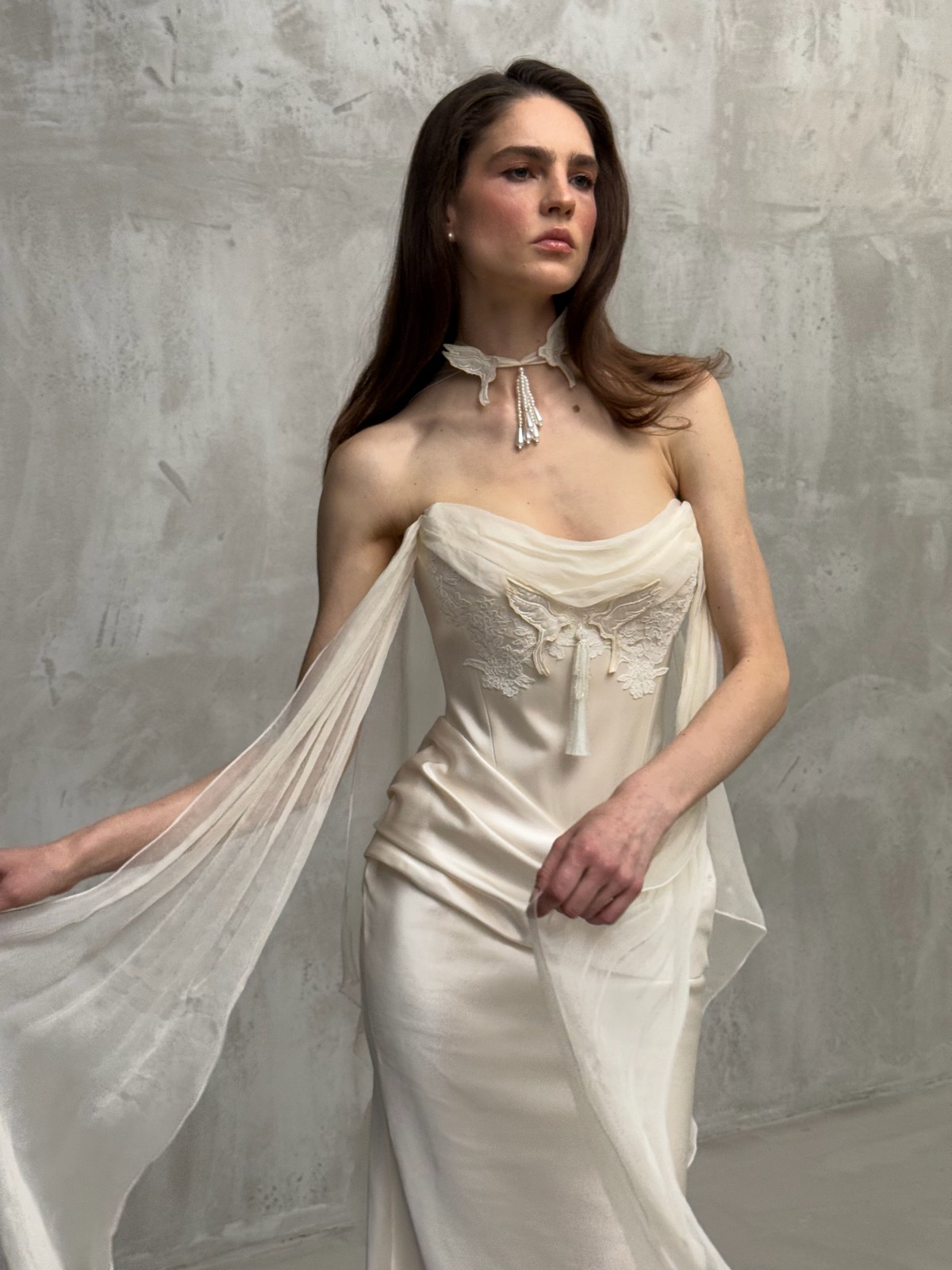 satin wedding dress Kunst with cape sleeves by rara avis, nz 1