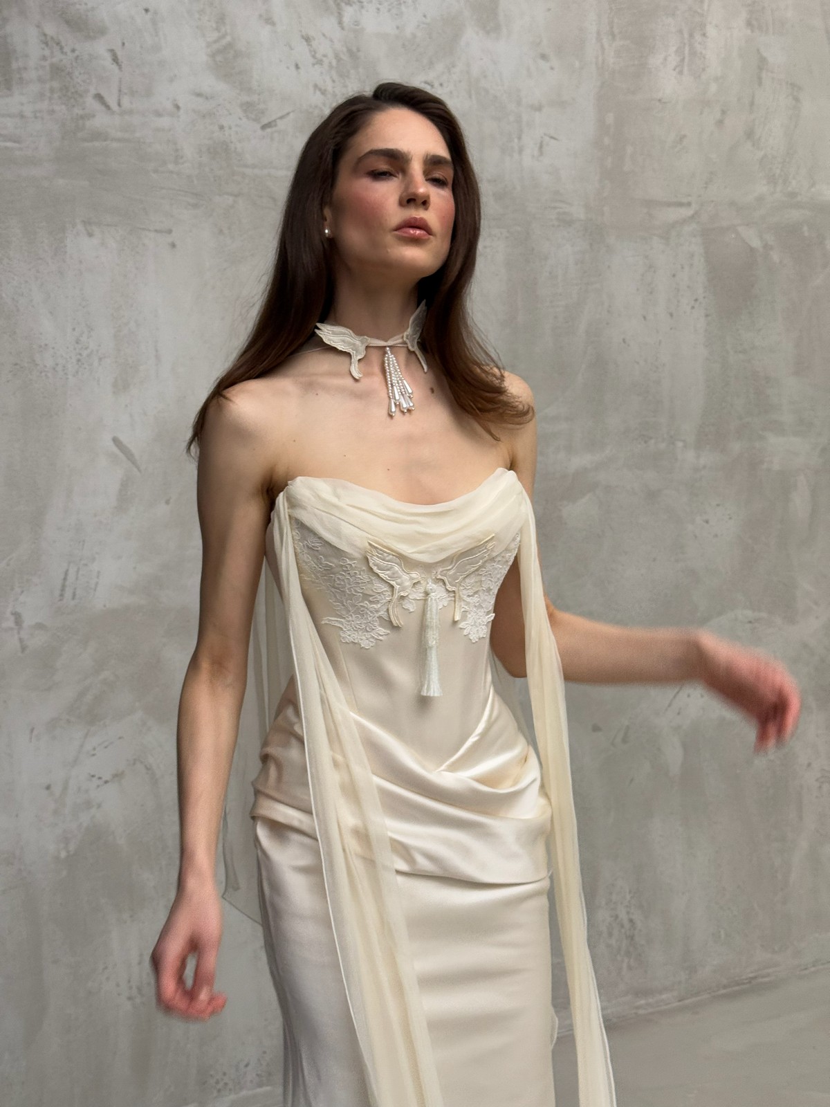 satin wedding dress Kunst with cape sleeves by rara avis, nz 2