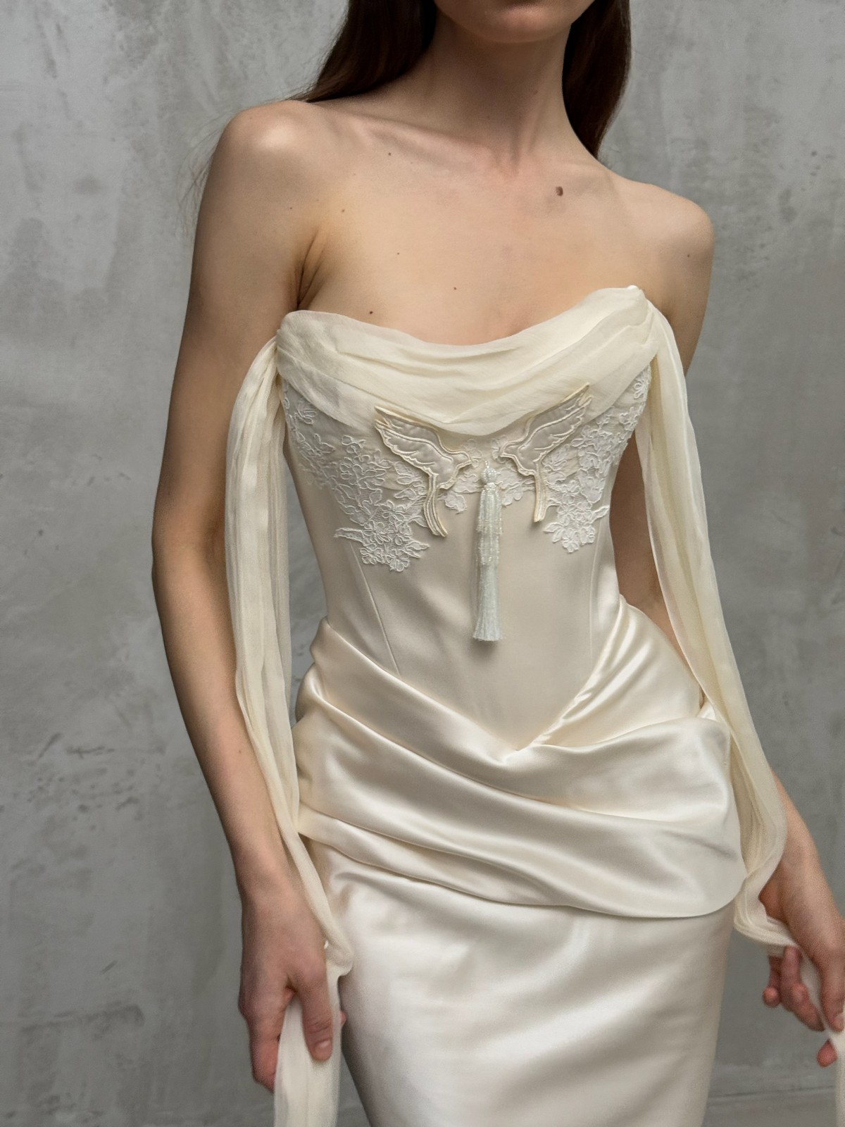 satin wedding dress Kunst with cape sleeves by rara avis, nz 4
