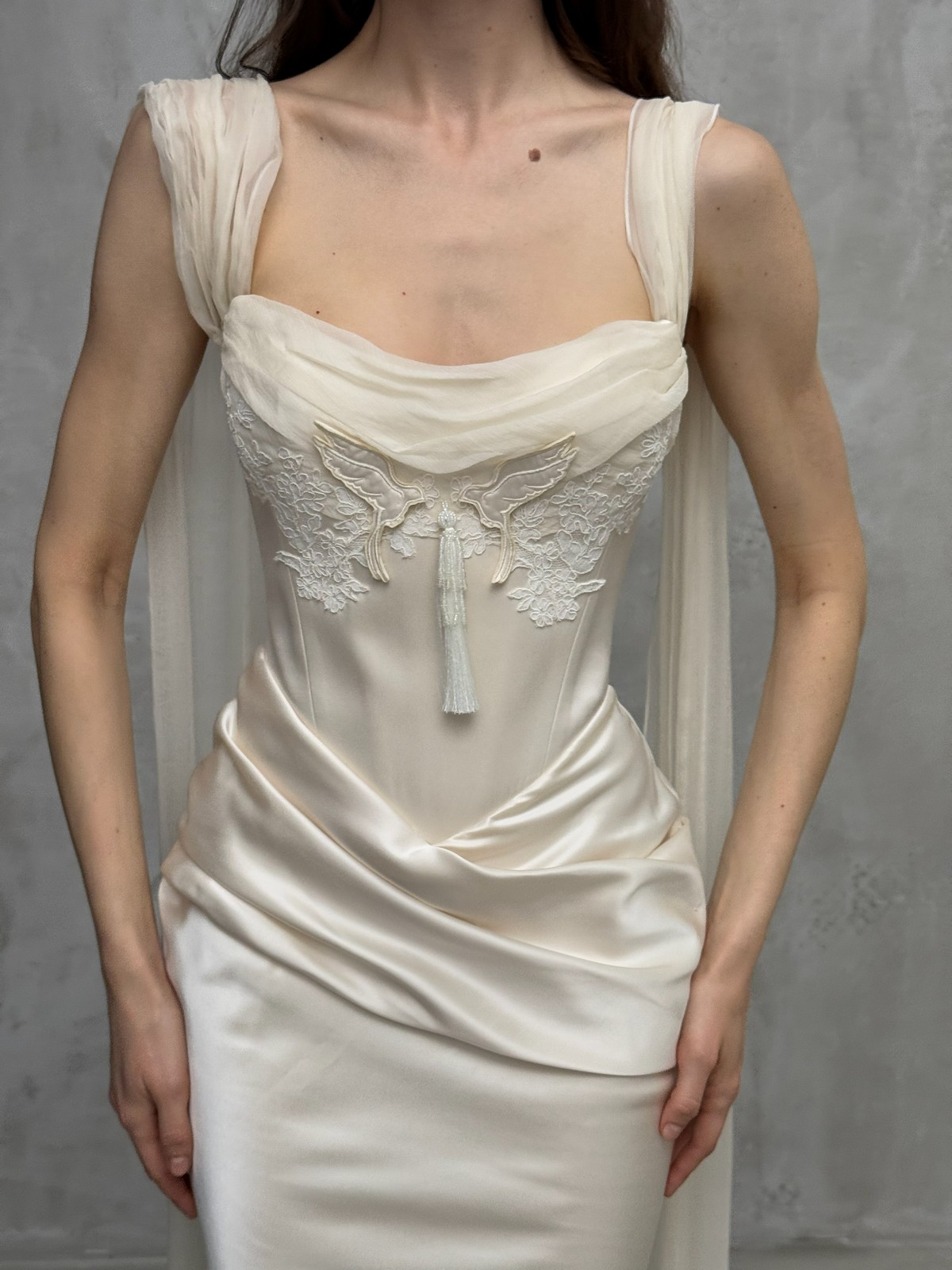 satin wedding dress Kunst with cape sleeves by rara avis, nz 5